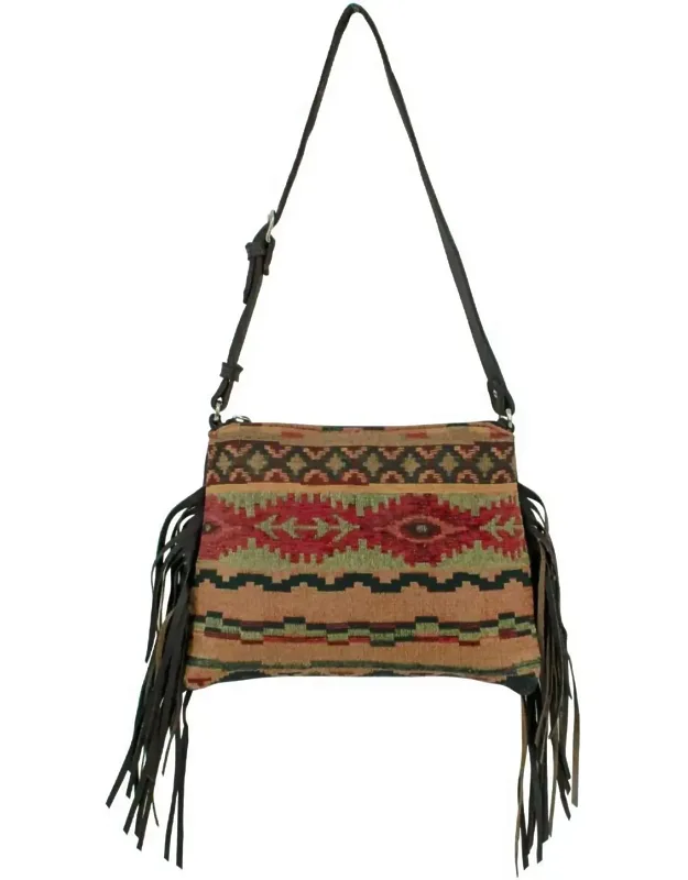 Hand Woven Tapestry Zip Top Shoulder Bag With Fringe