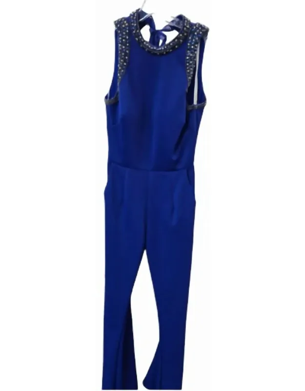 Formal Sleeveless High Neck Jumpsuit With Gemstone Trim