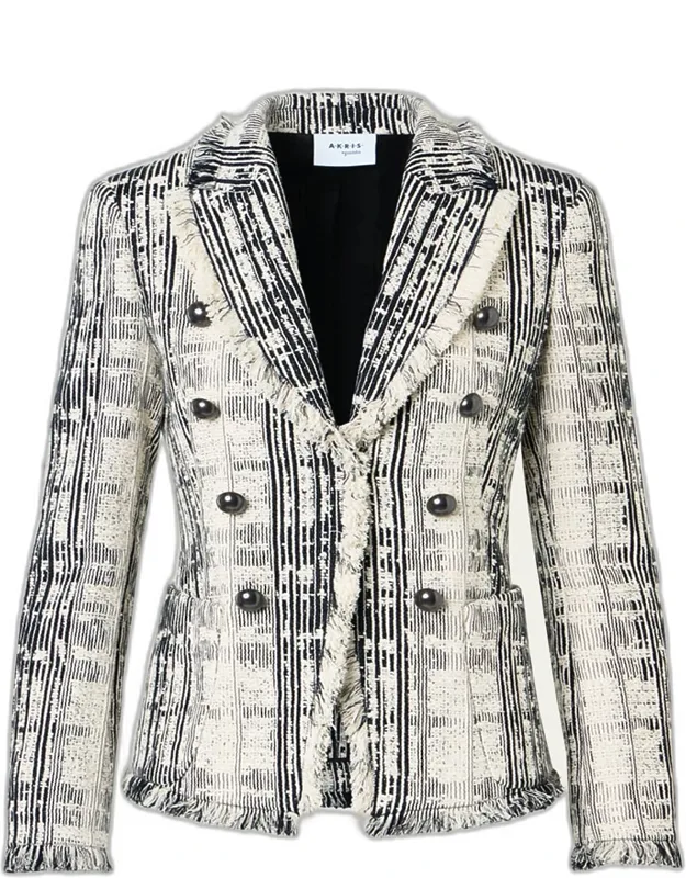 Fringed Boucle Tweed Double-breasted Blazer