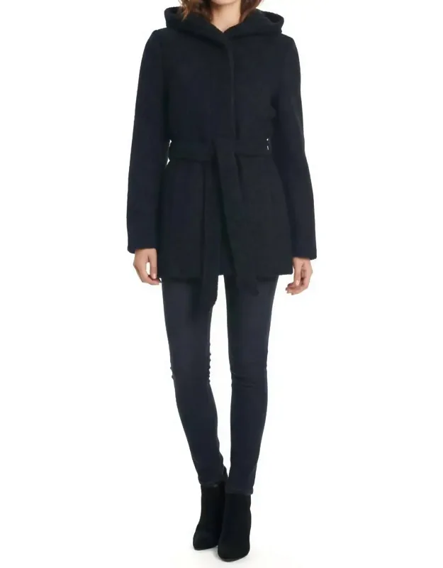 Hooded Boucle Coat With Waist Tie