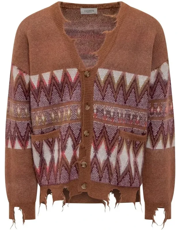 Patterned Cardigan With Frayed Hems