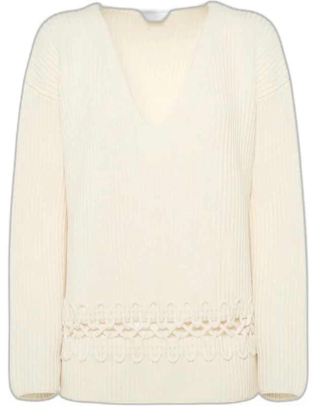 Embroidered Cashmere Rib V-neck Sweater