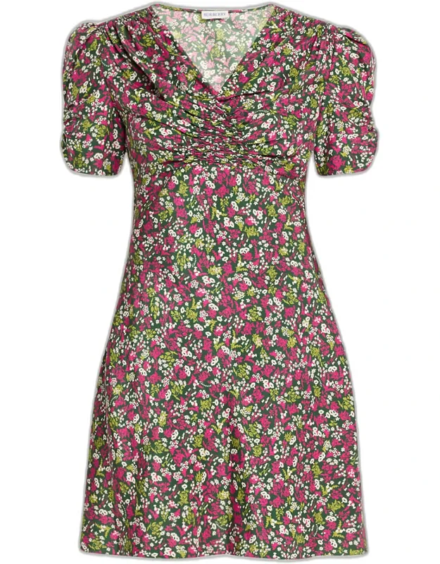Floral-print Silk Ruched Short-sleeve Mini Dress