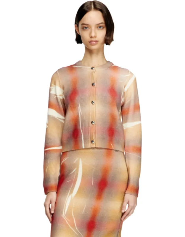 Wool Cardigan With Distorted Check Print