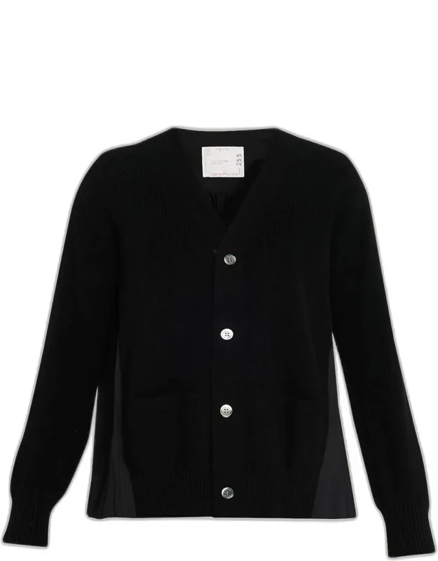 Pleated-back Rib-knit Cardigan