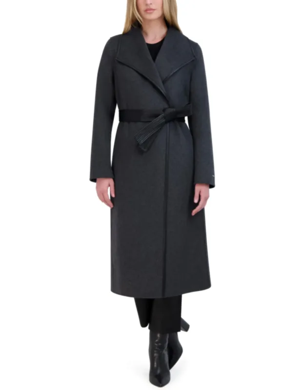 Double Faced Faux Leather Trimmed Long Wool-blend Coat