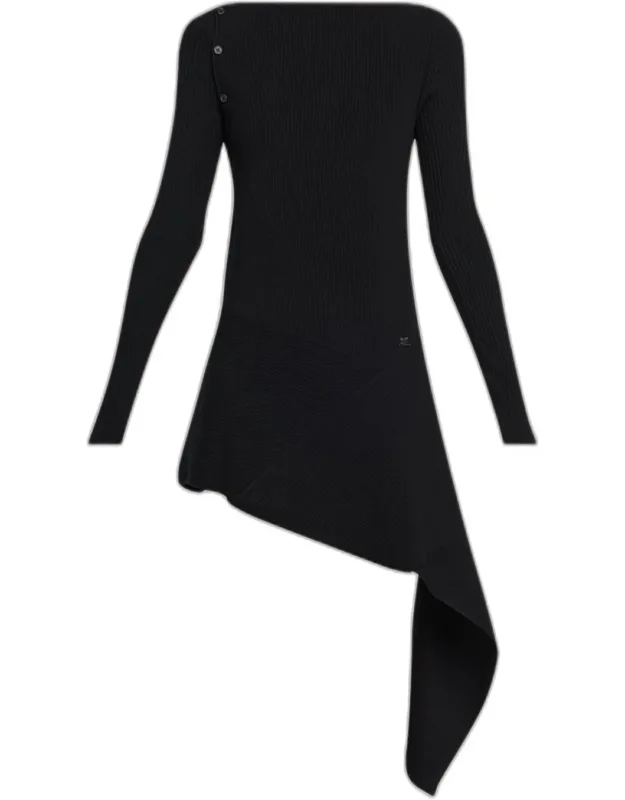 Buttoned Long-sleeve Rib Asymmetric Mini Dress