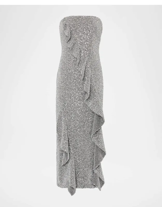 Strapless Ruffle Sequin Midi Dress