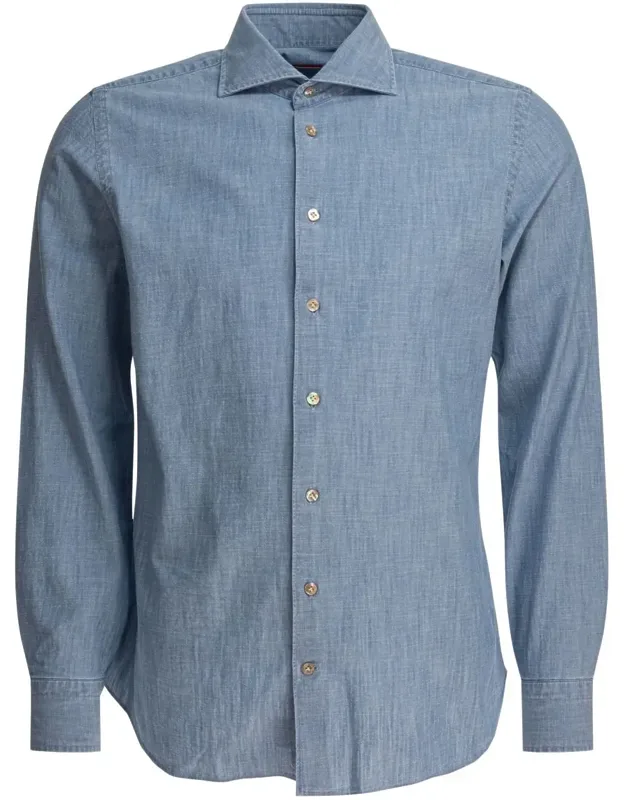 Cotton Denim Shirt With Classic Collar And Long Sleeves