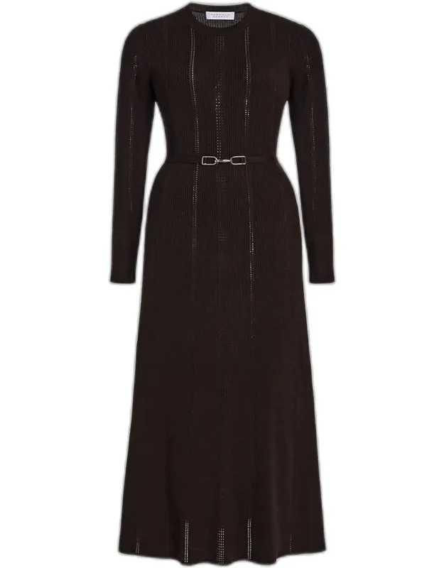 Ribbed Long-sleeve Midi Dress With Belt