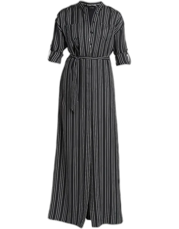 Striped Silk Long-sleeve Belted Maxi Shirtdress