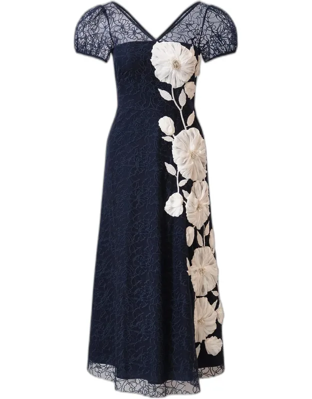 Puff-sleeve Floral Applique Midi Dress