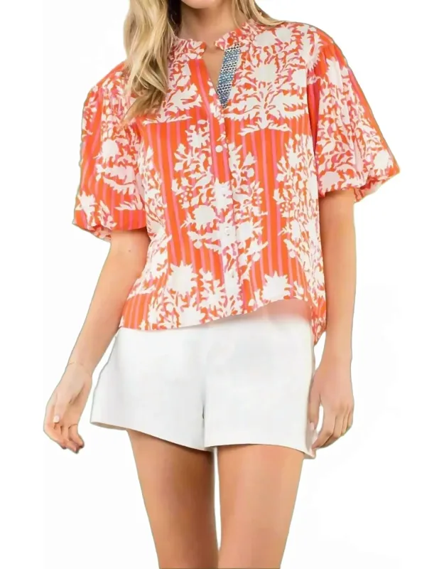 Botanical Stripe Puff Sleeve Blouse
