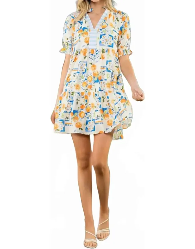 Citrus Tile Print Puff Sleeve Mini Dress
