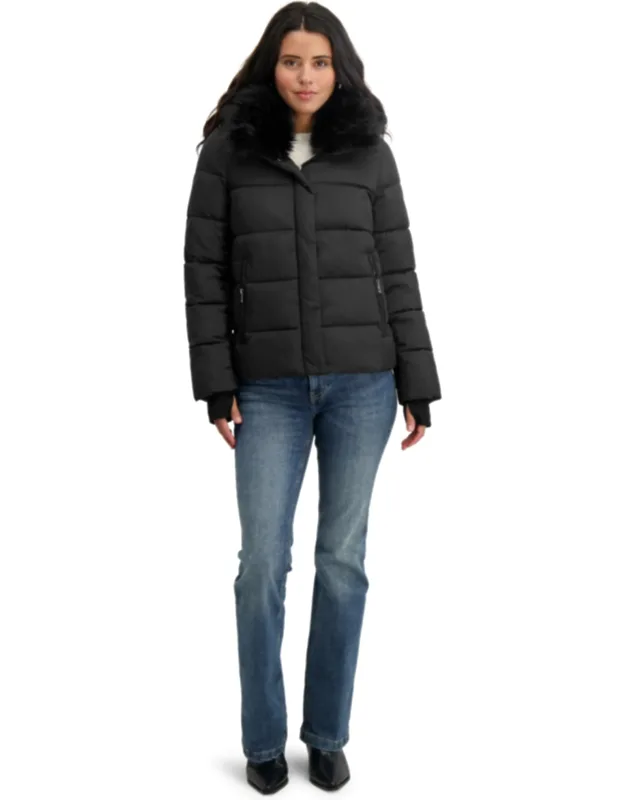 Short Quilted Puffer Jacket With Faux Fur Collar & Detachable Hood