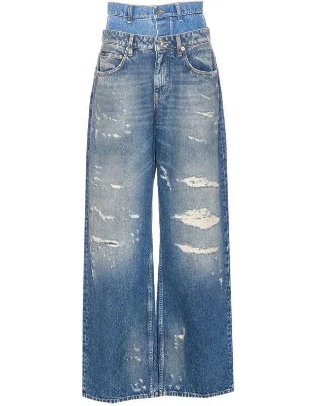 Jeans With Double Waist And Distressed Effect