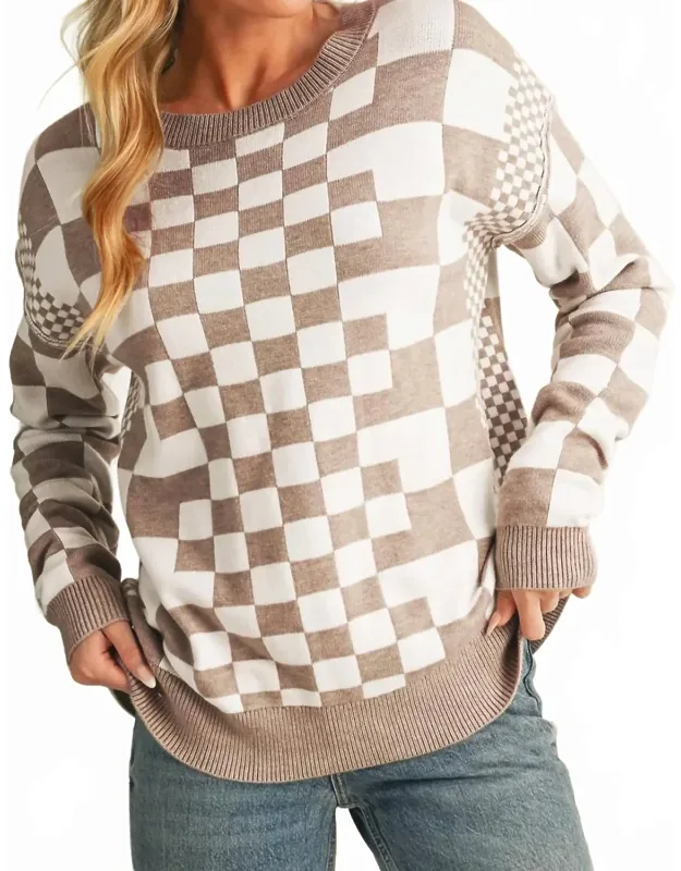 Checkered Drop Shoulder Round Neck Sweater