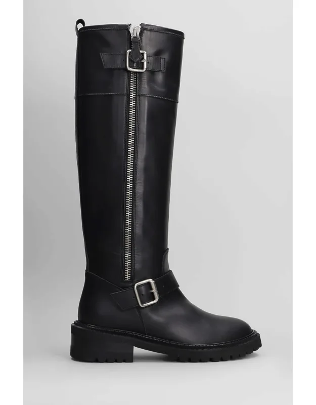 Low Heels Boots, Black Leather, Round Toe