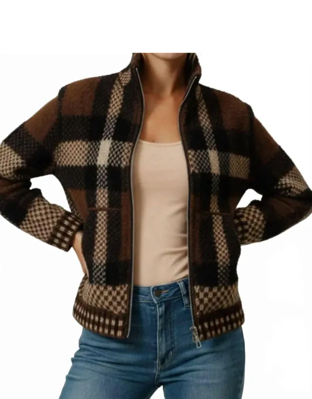 High Neck Zip Up Plaid Sweater Cardigan With Pocket