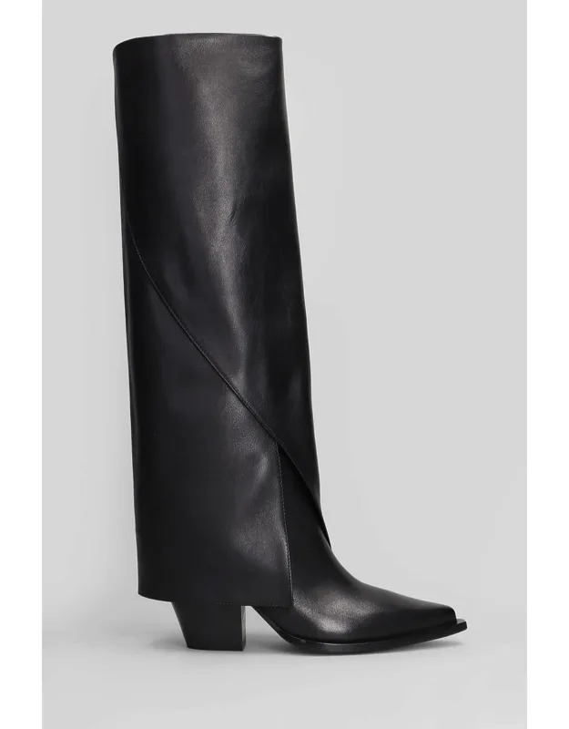 Texan Boots In Black Leather, Slip On, Pointed Toe, Lapel, Leather Sole, 100% Leather, Made In Italy