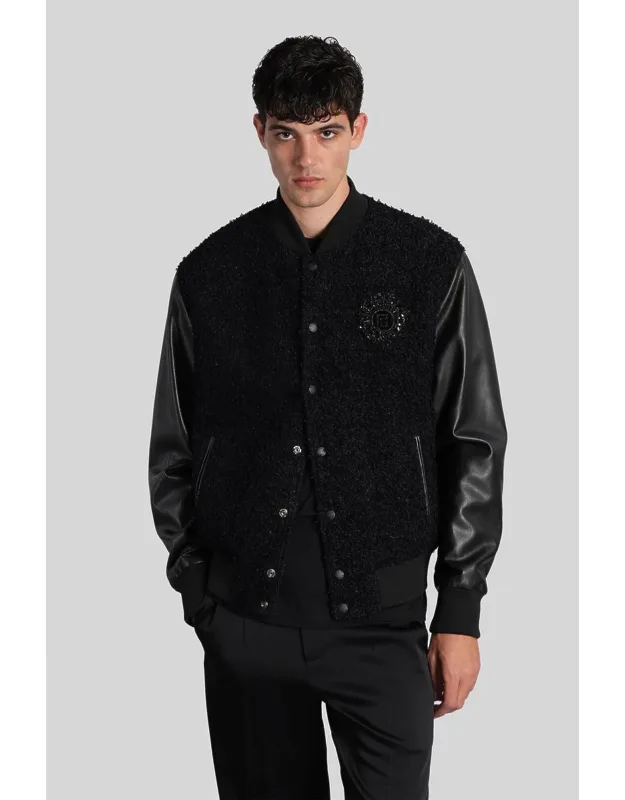 _bomber Jacket With Aviator Neck And Leather Sleeves_