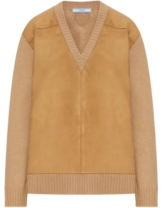 Suede-panel V-neck Wool Sweater