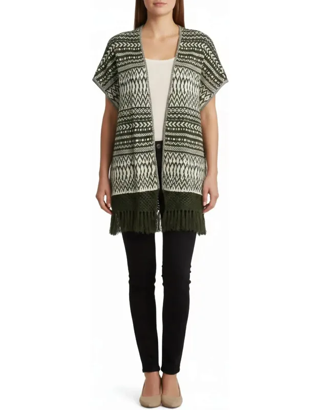 Tribal Pattern With Fringe Open Poncho
