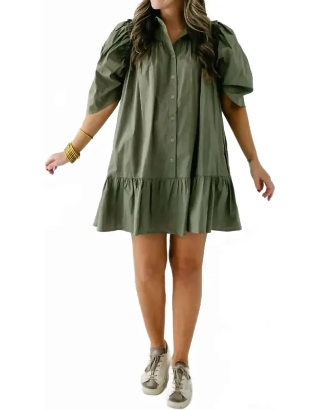 Solid Button Puff Sleeve Ruffle Dress
