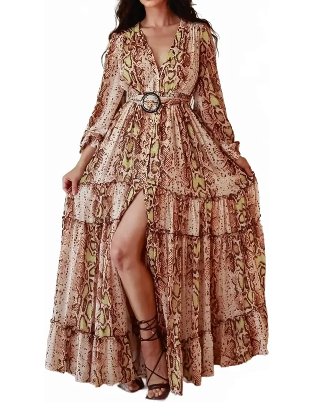Snake Print Maxi Dress With Slit And Long Sleeves