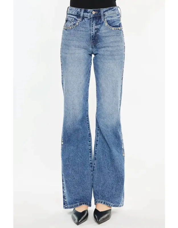 High Rise Wide Flare Studded Jeans