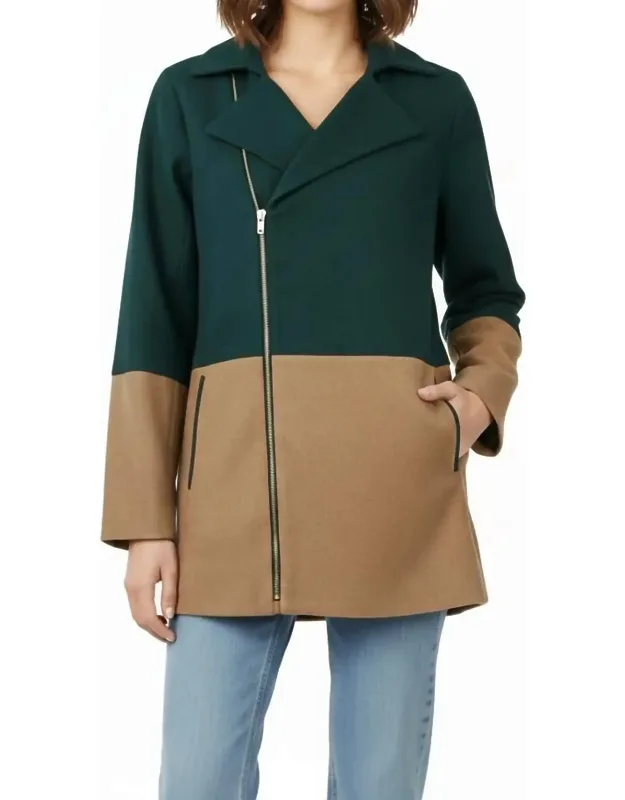 Color Block Coat With Asymmetrical Zipper