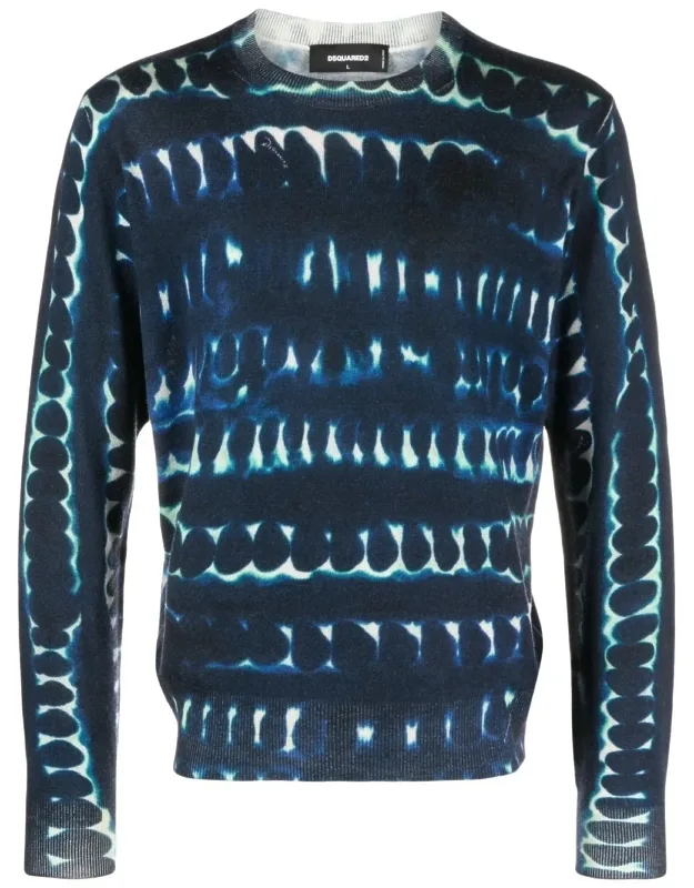 Sweater Blue White Tie-dye Wool Crew Neck Long Sleeve Red08