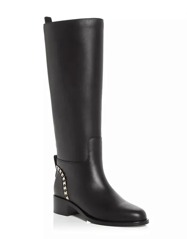 Vara Chain Knee-high Boots With Almond Toe And Stacked Block Heel