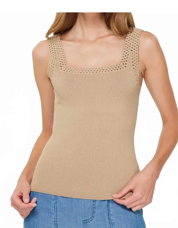 Square Neck Sweater Tank Top With Crochet Detail