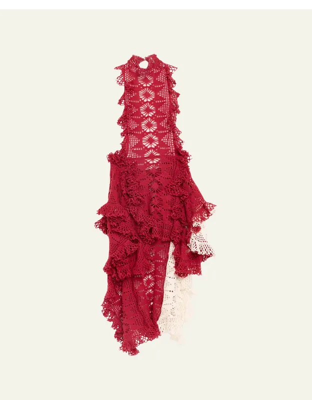 Crochet Knit Ruffle Halter Backless Mini Dress