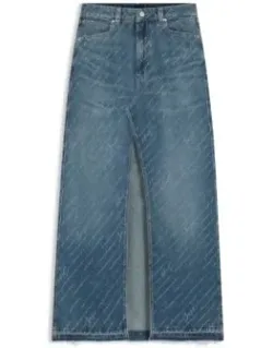 Pinstripe Denim Skirt With Front Slit