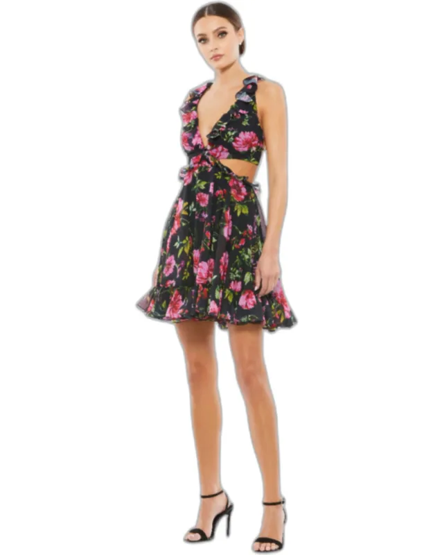 Ruffle Cut Out Lace Up Flowy Mini Dress