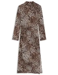 Tie-collar Dress With Leopard Print
