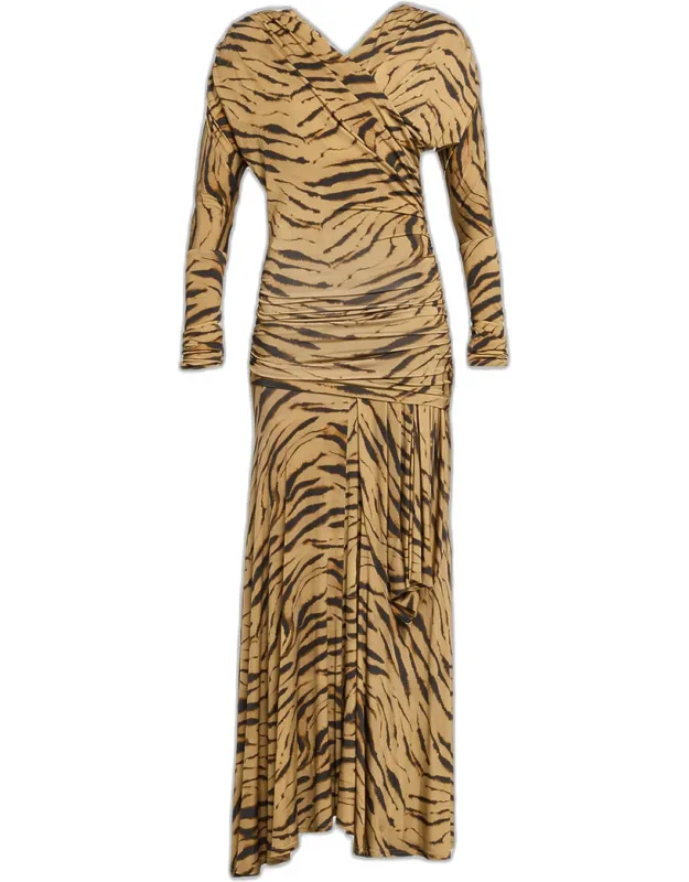 Tiger-print Ruched Jersey Maxi Dress