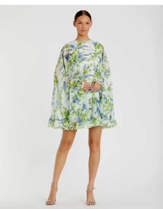 Multicolor Floral Print High Neck Ruffle Hem Cape Mini Dress