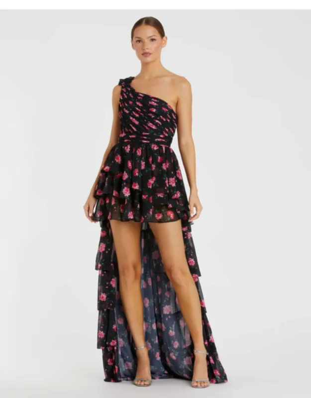 One Shoulder Ruffled Rose Print Layered High-low Dress - Final Sale