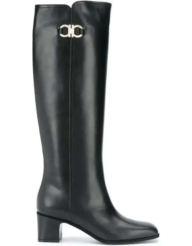Gancini Knee-high Boots With Buckle And Square Toe