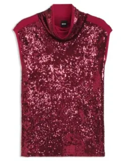 Sequin Top With Draped Funnel Neckline