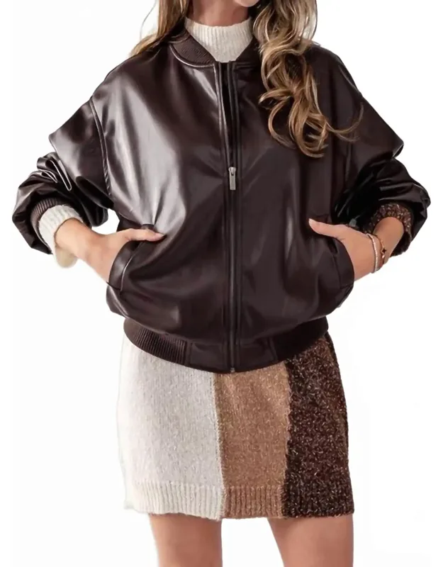 Loose Fit Zip Up Leather Bomber Jacket