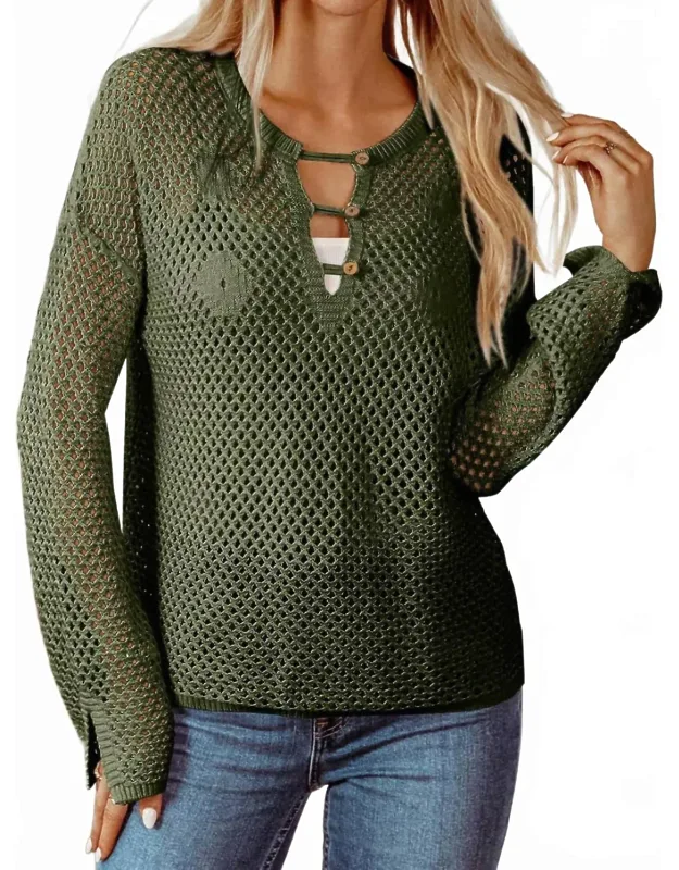 Open Knit Buttoned Neck Split Sleeve Sweater