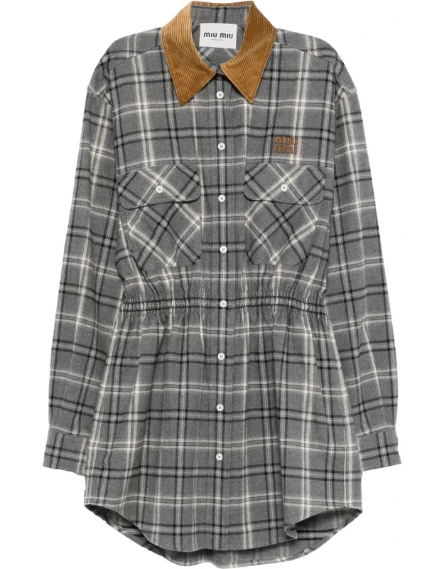 Checked Corduroy-collar Mini Dress