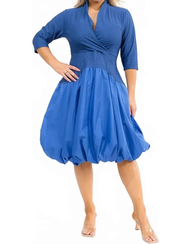 Solid V-neck Balloon Midi Dress
