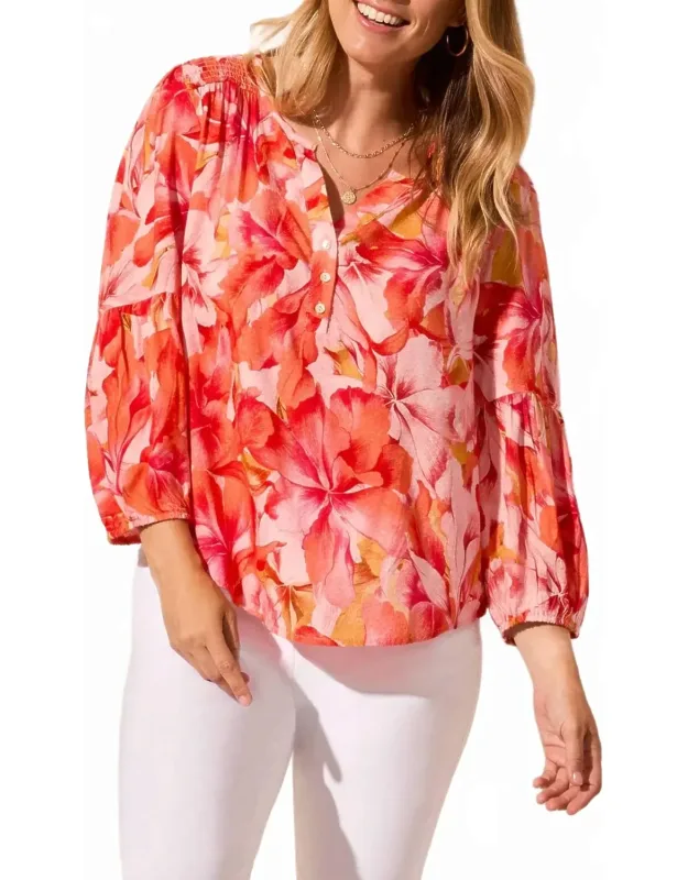 3/4 Sleeve Blouse With Smocked Yoke