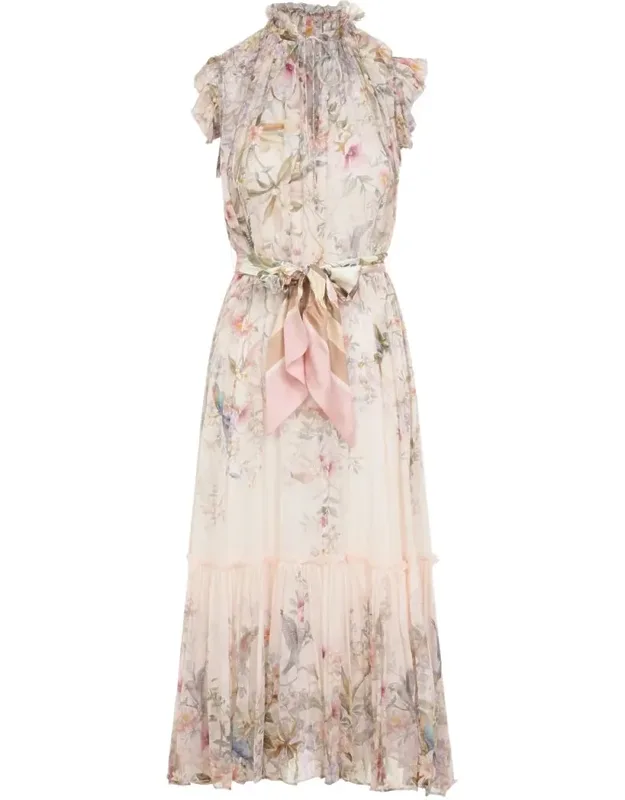 Dress With Frilled Stand Collar And Tonal Belt