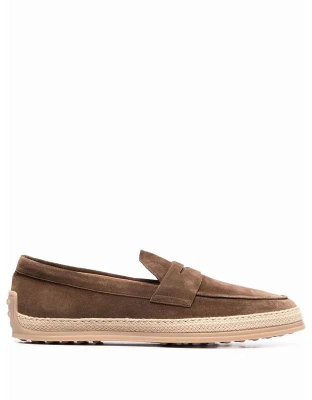 Suede Loafers With Rubber Outsole And Raffia Piping